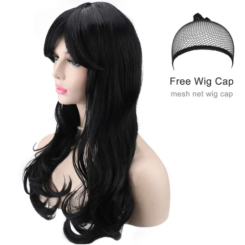 Vista 3 de Peluca de cosplay para mujeres con gorra, peluca de 28 in largo y ondulado resistente al calor de AKStor, Negro