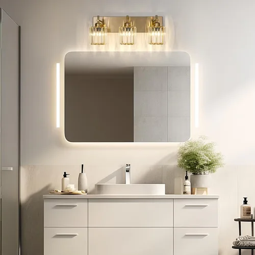 Vista 2 de Modernas luces de cristal para tocador de baño, 3 luces doradas, lámparas de baño sobre espejo, iluminación de pared de cristal con acabado de latón