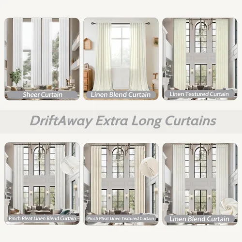 Vista 8 de DriftAway Cortinas traslúcidas de lino extralargas de 2 paneles, cortinas altas de 2 pisos para techo alto, ventana larga para sala de estar