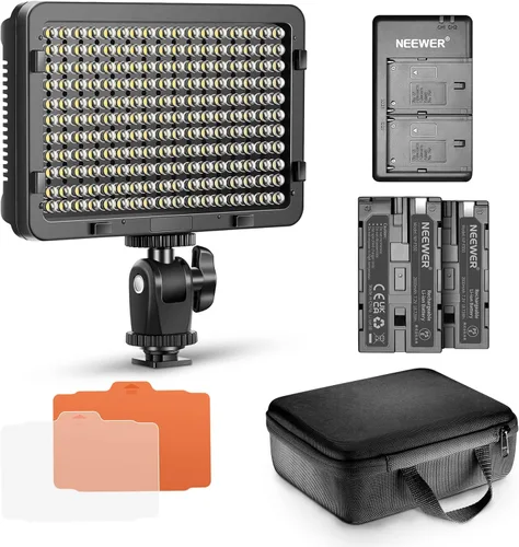 NEEWER Kit de iluminación de luz de video regulable de 176 LED: Panel LED 176 3200-5600K, batería recargable de iones de litio de 2 piezas, cargador