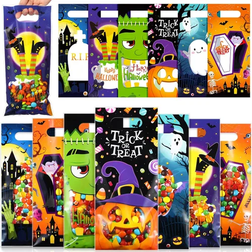 Vista 10 de Pasimy 60 bolsas de regalo de verano, bolsas de celofán de plástico a granel con ventana transparente, pequeñas bolsas de regalo para Halloween