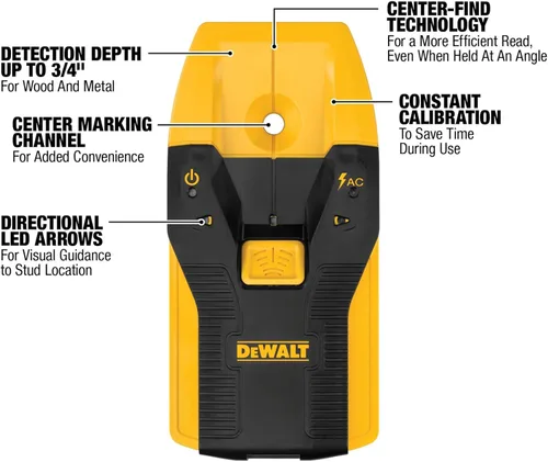 Vista 2 de DEWALT Detector de montantes, 3/4", localiza montantes de estructura de manera eficiente con flechas LED, ideal para madera y metal, pilas AAA