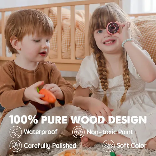 Vista 6 de Tiny Land - Juego de comida de madera para cocina de niños - 100% madera 43 piezas de comida de juguete para niños de 3 años o más, juego