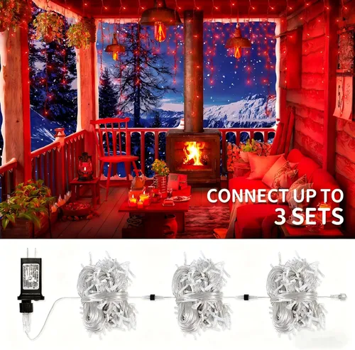Vista 6 de Luces de Navidad para exteriores Luces de Carámbano 300 LED, 33 pies, 8 modos, luces de cadena colgantes de hadas conectables con enchufe de 30 V