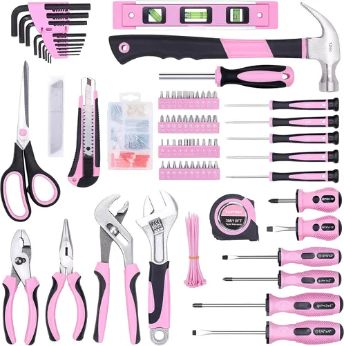 Vista 3 de FASTPRO Juego de herramientas rosa, 220 piezas Lady's Home Repairing Tool Kit con 12 pulgadas de ancho boca abierta bolsa de herramientas