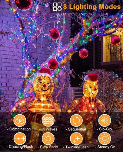 Vista 2 de Tira de luces LED de Navidad de 40 pies con 120 luces LED para exteriores, impermeables, 8 modos, cadena de alambre verde, luces parpadeantes