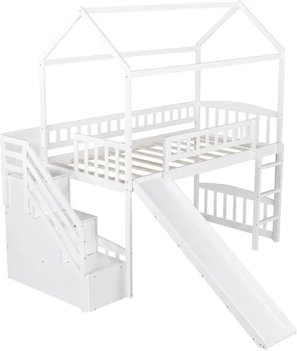 Vista 4 de Merax Cama tipo loft individual con dos cajones y tobogán, cama de madera con techo y barandillas para niños y niñas (blanco)