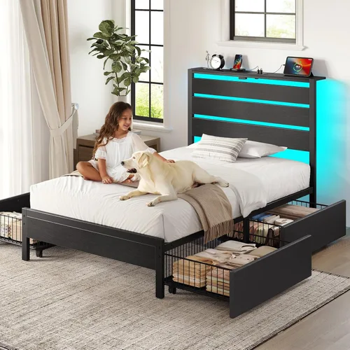 Vista 6 de Rolanstar Base de cama individual con 4 cajones, luces LED y estación de carga, plataforma de metal con cabecera de almacenamiento, sin ruido, fácil