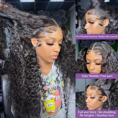 Vista 2 de Pelucas de cabello humano ondulado con encaje frontal de cabello humano prearrancado HD, transparente, pelucas de encaje húmedo y ondulado, densidad