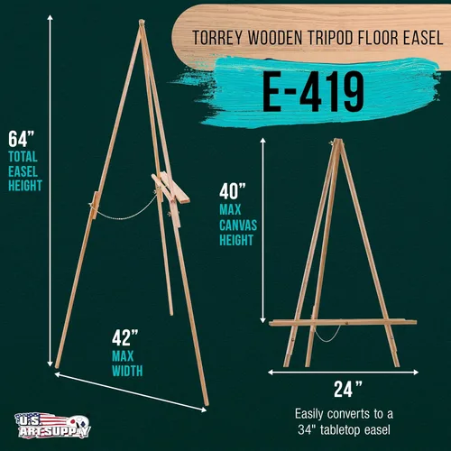 Vista 2 de US Art Supply Torrey caballete con trípode de madera, 64 pulgadas de alto x 27.5 pulgadas de ancho, para artista, con cadena ajustable (1 caballete)