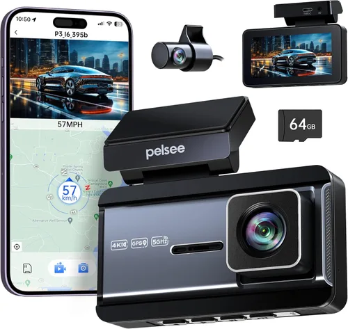 Pelsee Cámara de tablero P3 4K frontal y trasera, tarjeta SD de 64 GB, cámara de tablero dual 4K+1080P para automóviles con Wi-Fi, GPS, ADAS, BSD,