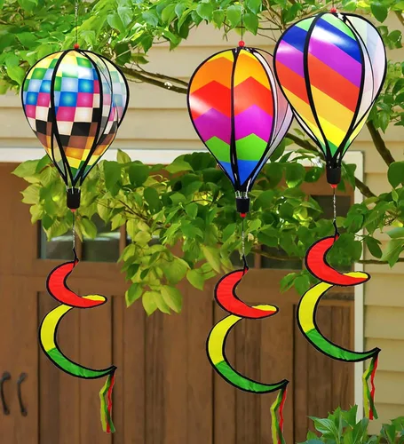 Vista 2 de timecity 3 piezas de globo de aire caliente Spinner de viento Rainbow Garden Pinwheels Whirligigs Molino de viento Molino de viento rayado arco iris