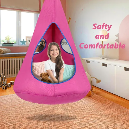 Vista 4 de Silla Columpio Nido para Niños, Silla Hamaca Colgante con Carpa de Juego Desmontable para Uso Exterior e Interior (32" D x 52" A), Columpio Rosa