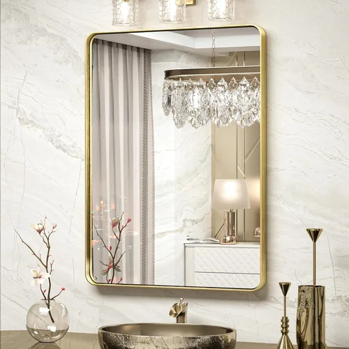 Vista 111 de TokeShimi Espejo de pared de baño de níquel cepillado de 20 x 30 pulgadas, marco de metal, esquina redonda, rectangular, para decoración del hogar