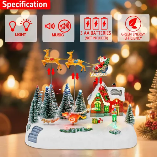 Vista 2 de innodept12 Aldea Navideña Animada con Trineo de Santa y Renos, Aldea de Casas Iluminadas con Luces LED y Figuras en Movimiento, Decoración Navideña