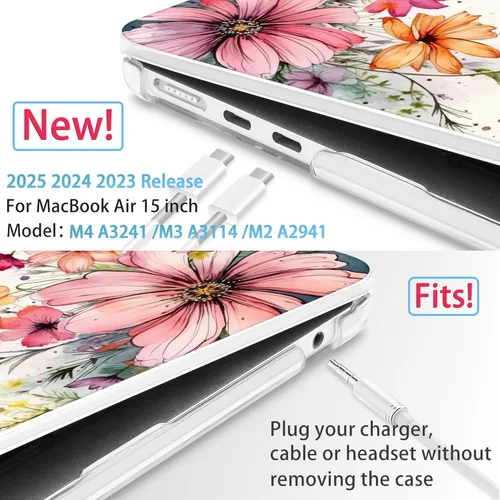 Vista 2 de Mektron Diseñada para MacBook Air 202520242023 de 15 pulgadas, M4, A3241, M3, A3114, M2, A2941, carcasa rígida de plástico impreso con pantalla