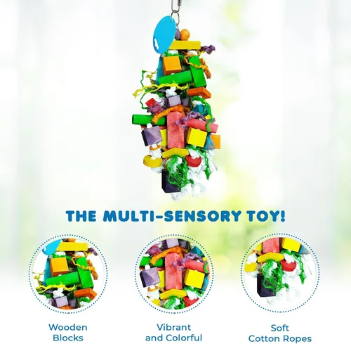 Vista 3 de SunGrow Juguete de loros – Juguete de forraje y masticación para pájaros con bloques de madera y cuerda de algodón, accesorio de jaula colgante
