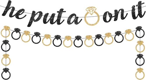 Vista 2 de KatchOn, Cartel con purpurina «He Put A Ring On It» con bonito globo de anillo de diamantes, paquete de 2 Globos de anillo de compromiso