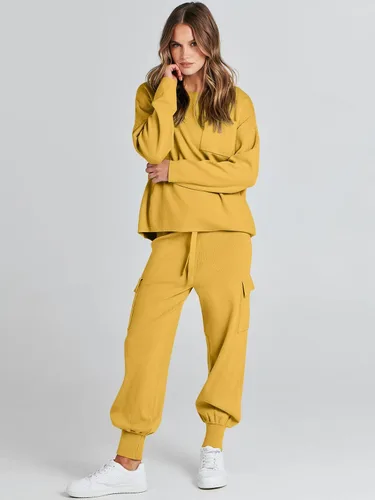 Vista 8 de Caracilia Conjunto de dos piezas para mujer, suéter de punto de manga larga y pantalones deportivos tipo cargo