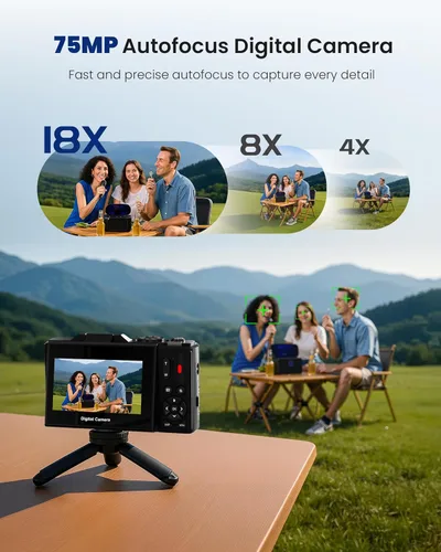 Vista 3 de Cámara digital 5K de 75 megapíxeles para fotografía con WiFi - Cámara de videoblogs de enfoque automático para YouTube con tarjeta SD de 64 GB, zoom