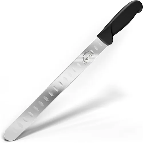 SPITJACK Cuchillo de pechuga ahumada para barbacoa para tallar y rebanar carne - SS, borde Granton, hoja de 11 pulgadas