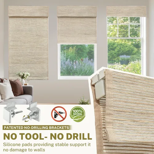 Vista 2 de Persianas romanas sin herramientas ni taladro, persianas inalámbricas para ventanas con oscurecimiento, tela natural tejida para privacidad