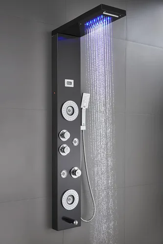 Vista 3 de Sistema de panel de ducha de acero inoxidable tipo torre de Ello&Allo, cabezal de LED, modo cascada o lluvia; sistema de hidromasaje con chorros