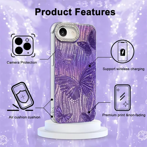 Vista 392 de I-MGAE-IN-AR - Funda diseñada para iPhone 12 y 12 Pro, diseño de mariposa plateada brillante, funda protectora de poliuretano termoplástico, suave