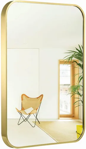 Espejo de oro francés cepillado de 20 x 30 pulgadas para pared, espejo rectangular redondeado dorado con marco de metal para colgar para baño,