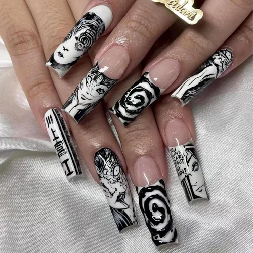 Vista 10 de Paquete de 6 144 uñas acrílicas de Halloween a presión, uñas postizas reutilizables de cobertura completa, uñas postizas adhesivas con pegamento