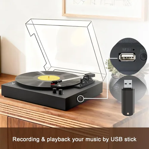 Vista 5 de Tocadiscos de vinilo de 3 velocidades, tocadiscos vintage con salida Bluetooth/USB/RCA, fonógrafo de parada automática, regalos para entretenimiento