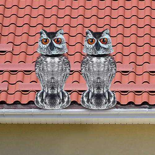 Vista 5 de Hausse Paquete de 2 Señuelos de Búho Falso Espantapájaros Escultura, Disuasivos de Aves de Búho de Plástico con Cabeza Giratoria, Repelente