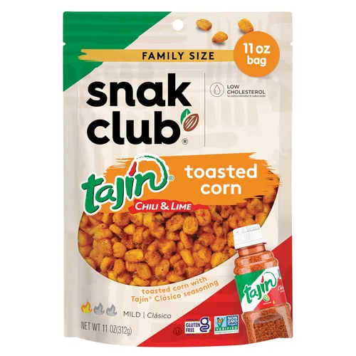 Snak Club Tajin Maíz Tostado, Nuggets de Maíz Tostado con Condimento de Chile y Lima, Suave, Sin OGM, Sin Gluten, Aperitivo Kosher, Sin Colores ni
