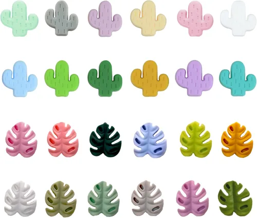 24 cuentas espaciadoras sueltas de silicona de cactus con agujero grande – Cuentas de silicona coloridas a granel para hacer joyas, manualidades,