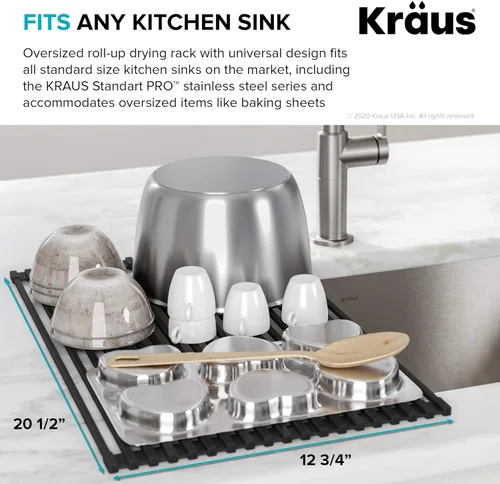 Vista 4 de Kraus Escurreplatos multiusos enrollable para encima del fregadero, con colador y esterilla en negro, KRM-10BLACK