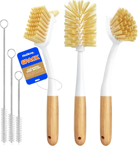 Vista 8 de Holikme Juego de 6 cepillos para platos con cepillo para botellas, cepillo para fregar platos, cepillo para sartén y 3 cepillos para pajitas