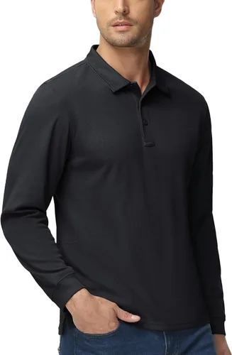 Vista 6 de MAGCOMSEN - Camisetas polo para hombre, 3 botones, de secado rápido, manga larga, rendimiento táctico, suéter de piqué para golf