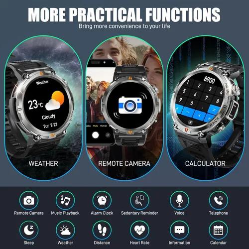 Vista 8 de JELLOO Reloj inteligente militar para hombre con linterna LED (respuestahacer llamada) 3ATM resistente al agua resistente reloj inteligente táctico