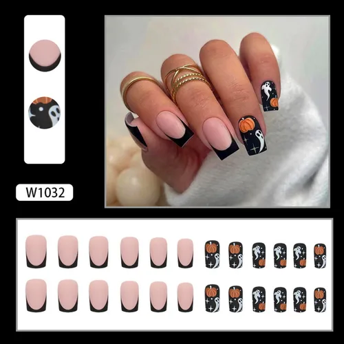 Vista 5 de Uñas postizas a presión de Halloween, cuadradas, negras, con punta francesa, uñas postizas medianas de cobertura completa con bonitos diseños