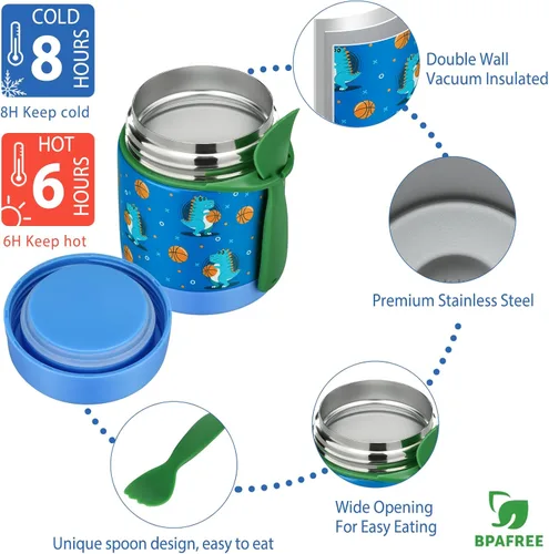 Vista 4 de Lonchera Bento para niños con termo de sopa de 10 onzas, recipientes de almuerzo a prueba de fugas con 4 compartimentos, tarro térmico