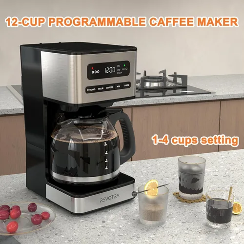 Vista 2 de REVOTRA Cafetera programable de 12 tazas, cafetera de goteo regular y fuerte, ajuste de 1-4 tazas y café helado, temporizador de 24 horas, apagado