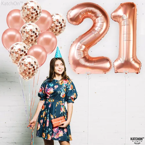 Vista 3 de KatchOn, Globo grande de oro rosa con el número 21, 40 pulgadas, decoraciones de cumpleaños 21 para niñas, globo de oro rosa con globos de confeti
