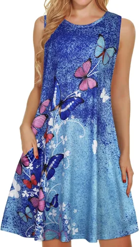 Vista 23 de elescat Vestidos de verano para mujer 2025, vestido casual de playa sin mangas con estampado floral, tipo camiseta, suelto y con bolsillos