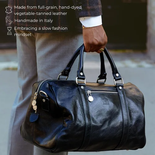 Vista 4 de Time Resistance Bolsa de lona pequeña de cuero de grano completo - Bolsa de noche de fin de semana de gimnasio (negro)