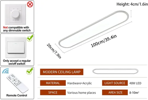 Vista 4 de Ganeed Lámpara de techo LED regulable de 39.4 pulgadas, lámparas de techo largas de alto brillo, 3000-6000 K seleccionables, moderna, ultrafina