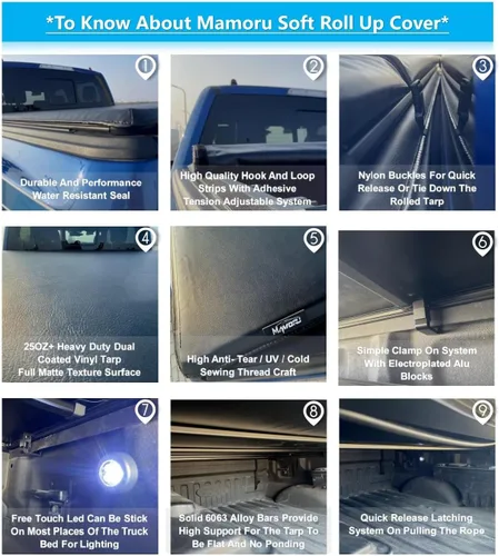 Vista 5 de Mamoru - Funda enrollable suave de 5'7" para cama de camioneta, compatible con Ram 1500 2019-2026 nuevo estilo de cuerpo, funda tonneau de vinilo