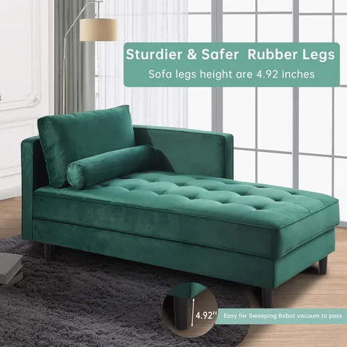 Vista 6 de Chaise Lounge de terciopelo de 64 pulgadas para interiores, moderna silla Longue tapizada con almohada de apoyo, cojín de asiento copetudo con Verde