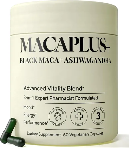 MACAPLUS+ Raíz de Maca Negra + Ashwagandha + Fenogreco - Raíz de maca negra #1 de mayor potencia, 40,000 mg, 40 veces de fuerza, cápsulas orgánicas
