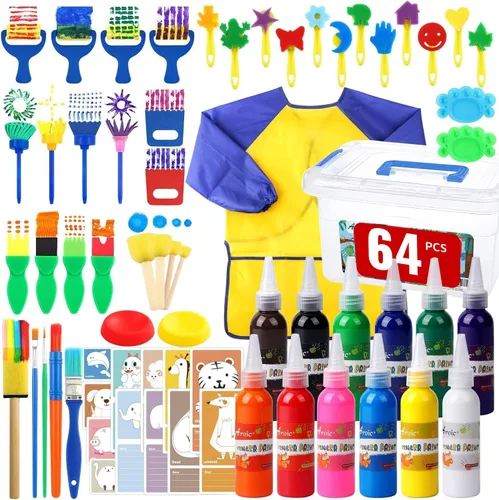 Juego de 64 pinturas lavables, 12 colores no tóxicas para dedos con esponjas, pinceles de pintura, bata de pintura impermeable, paletas, tarjetas,