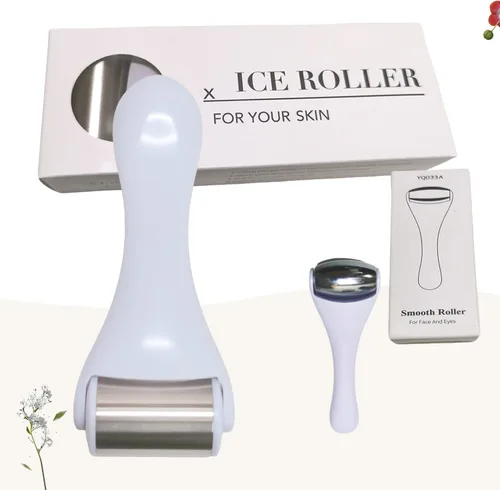 Vista 7 de Rodillo de hielo y masajeador para cara y ojos, acero inoxidable, 2 piezas, alivio del dolor, ojeras, migraña (blanco)